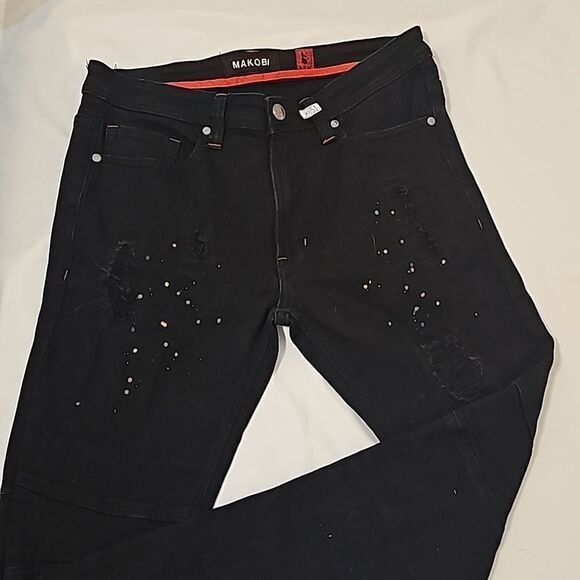 Makobi MAKOBI BIKER PAINT SPLATTER JEANS WITH RIP & REPAIR - 34/32 - Picture 1 of 14